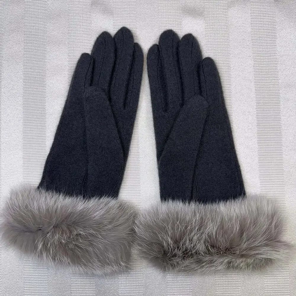Dillards One Cashmere Wool Blend Knit Gloves Rabbit Fur Trim OS Gray NWOT